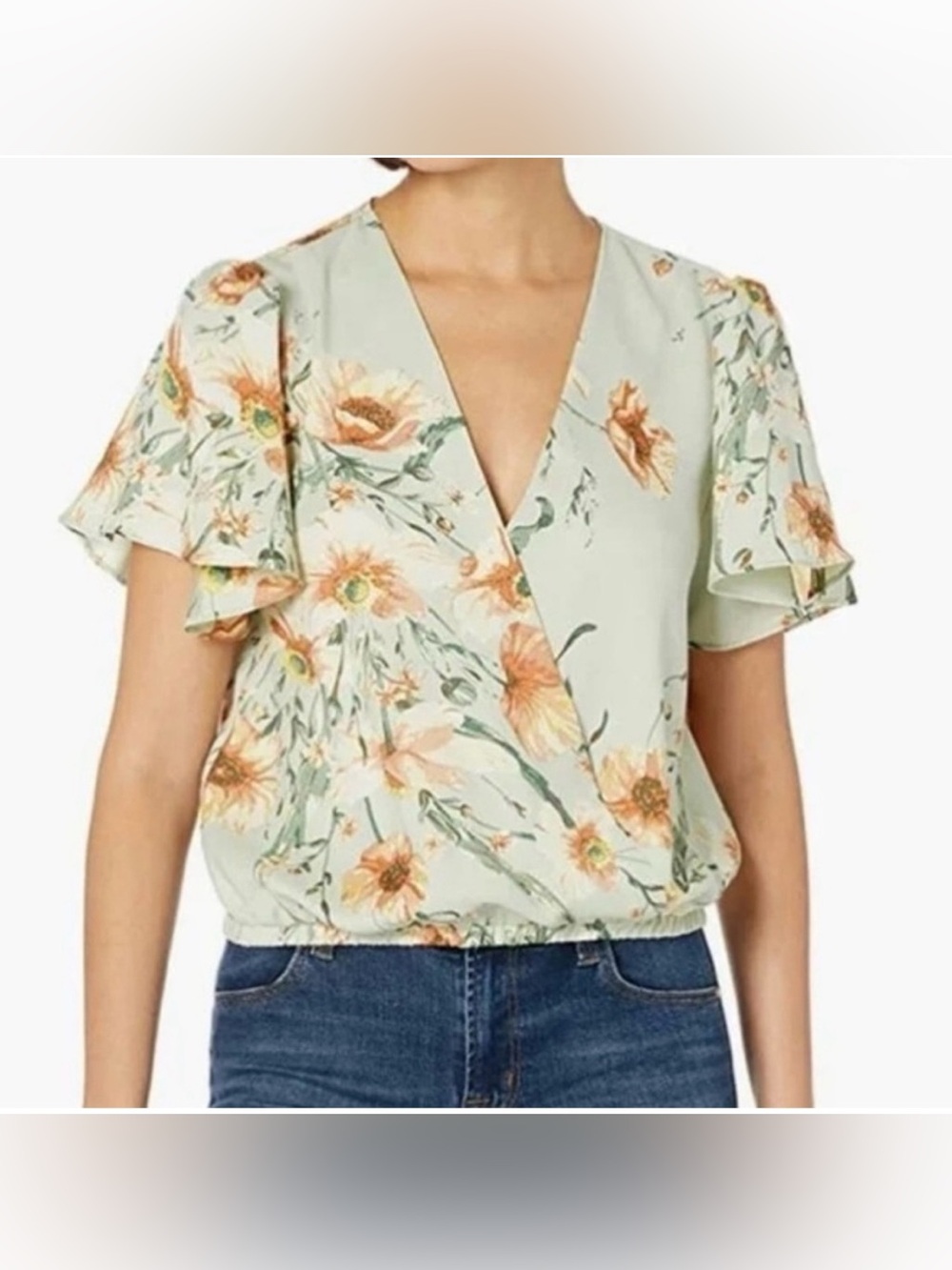 ASTR The Label Flutter Sleeve Surplice Top Sage Floral Small
